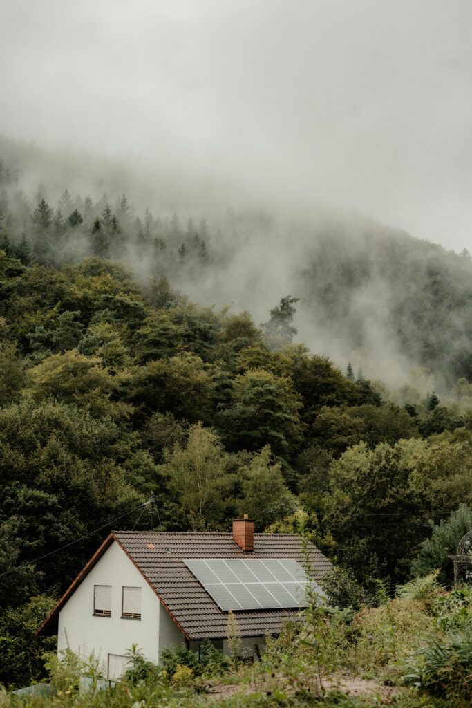 pexels-photo-28286652-28286652 A house with solar panels nestled in a foggy forest, offering a serene and eco-friendly setting.